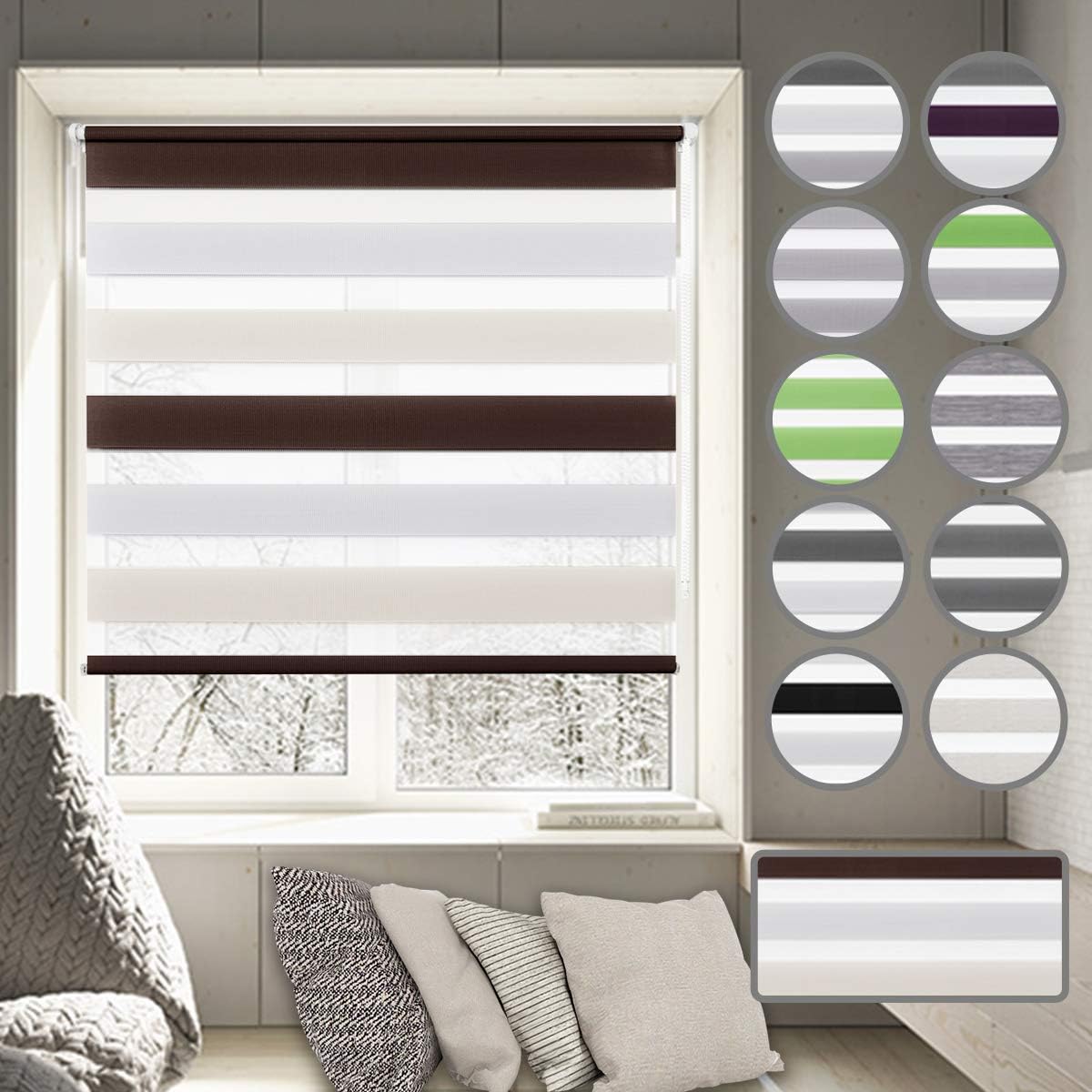 Day and Night Roller Blinds - 75 x 150 cm White Beige Brown Zebra Roller blinds Translucent or Blackout Curtains Easy Fix with Accessories for Windows and Doors
