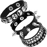 Ptwola 3 Pcs Punk Rock Leather Studded Bracelets Punk Leather Jewelry Bracelets 80s Gothic Spike Cuff Bracelet Set Retro Adjustable Wrap Wrist Cuffs for Women Men Rocker Outfits