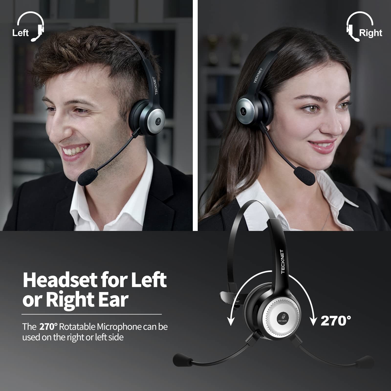 TECKNET Bluetooth 5.0 Headset with Microphone for PC, USB Wireless Headset with Mic for Work, 40Hrs Worktime AI Noise Cancelling On Ear Bluetooth Headphones with Charging Base for Laptop/Call Center
