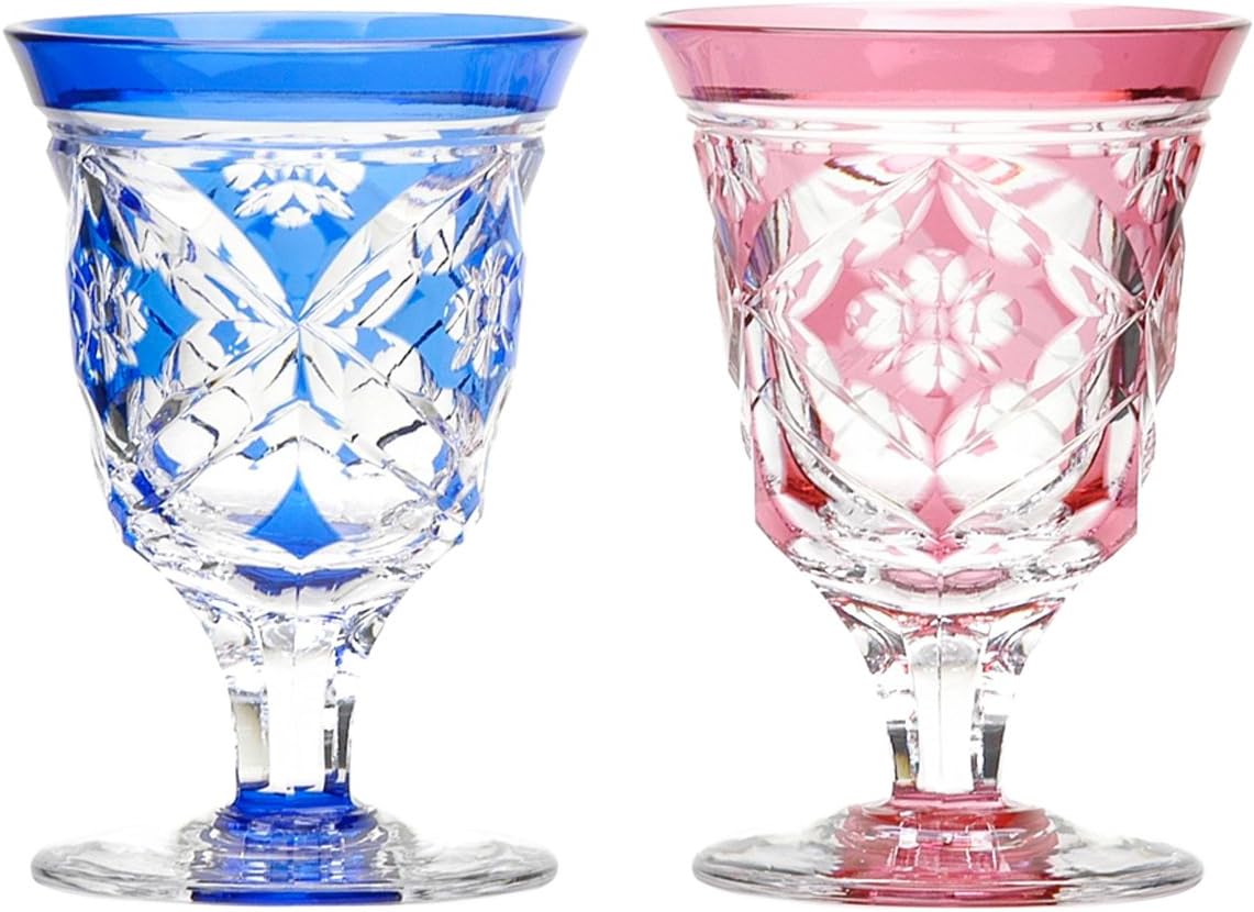 Japanese Paired Sake Cup of Edo-Kiriko (Cut Glass) Shippo Flower Pattern
