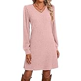 Ficerd Women's Knit Long Sleeve Sweater Dress Casual V Neck Tunic Dresses Fall Trendy Outfits