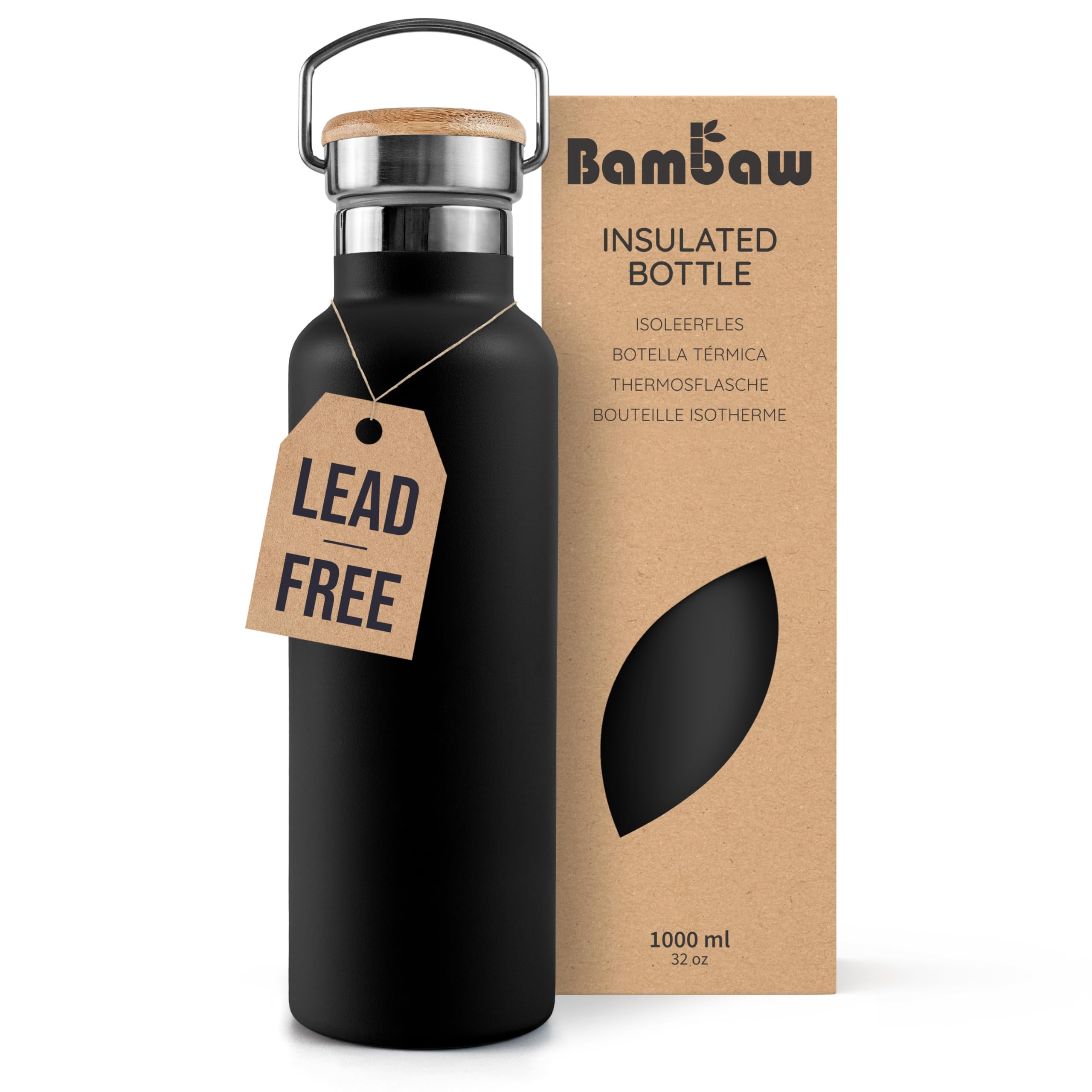 Bambaw 1l Insulated Water Bottle Metal, Reusable Water Bottle Stainless Steel 1l, Keeps Drinks Hot 12h & Cold 24h, Leak-Proof, Rust-Resistant, Easy to Carry & Great for Travel (Jet Black)