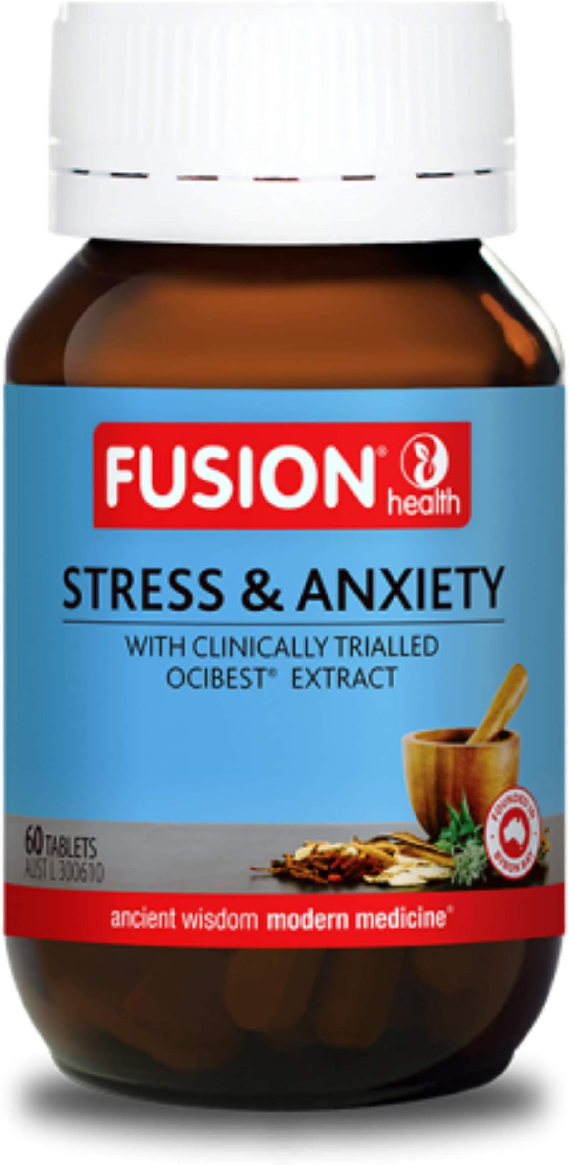 Fusion Australian Stress Relief & Anxiety Pills -Be Calm w High potency Holy Basil, Ashwagandha & Magnolia bark extracts - Adrenal Health, High Cortisol Manager, Sleeping Pills, Sleep Aid, 60 Tablets