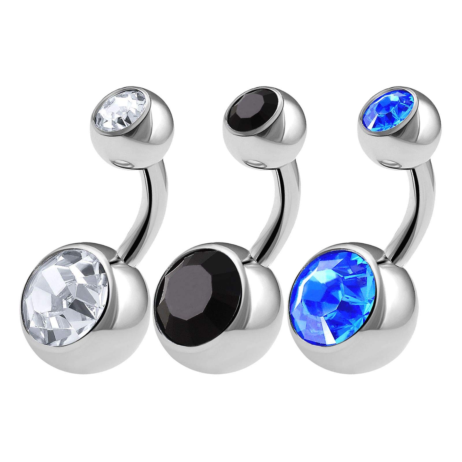 KJM FASHION 3PCS 316L Surgical Steel Shallow Belly Button Rings Studs 14 Gauge 1/4 6mm Clear Jet Sapphire Short Navel Bars Jewellery 0627