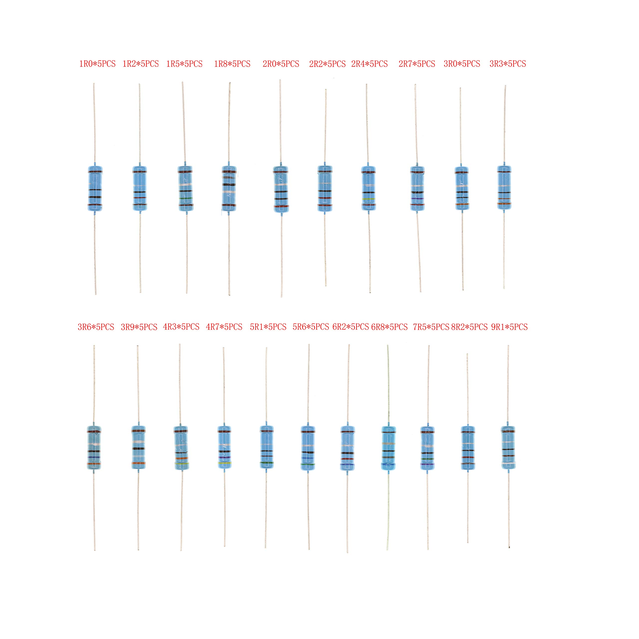 HUABAN 5PCS * 21 Values 3W 3 Watts 1.0 1.2 1.5 1.8 2.0 2.2 2.4 2.7 3.0 3.3 3.6 3.9 4.3 4.7 5.1 5.6 6.2 6.8 7.5 8.2 9.1 Ohm 1% Metal Film Resistor