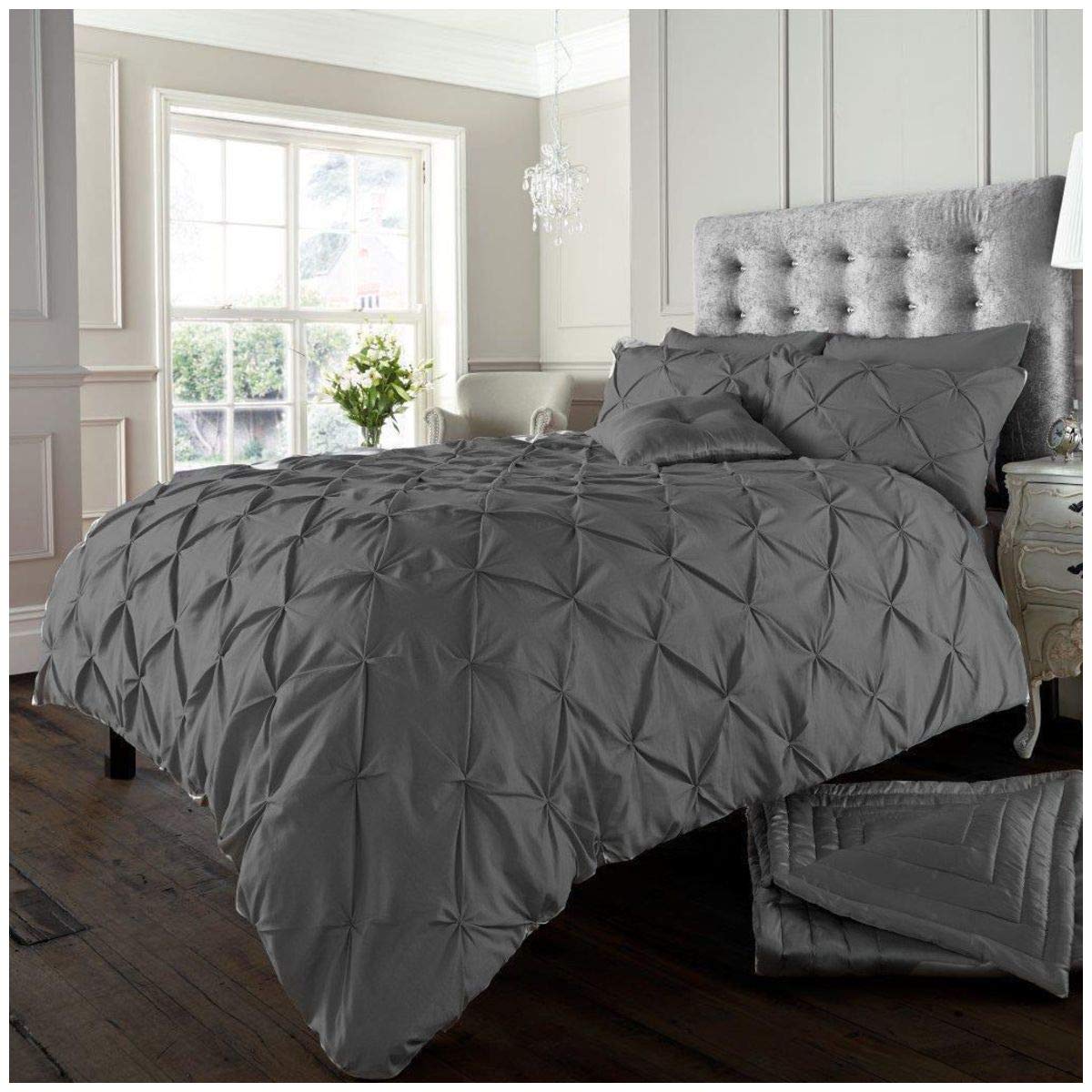 GC GAVENO CAVAILIA Pinch Pleated Double Bedding Set, Diamond Pleat Pintuck Comforter Cover, Soft Polycotton & Breathale Quilt Cover with Pillowcases, Charcoal — image 1