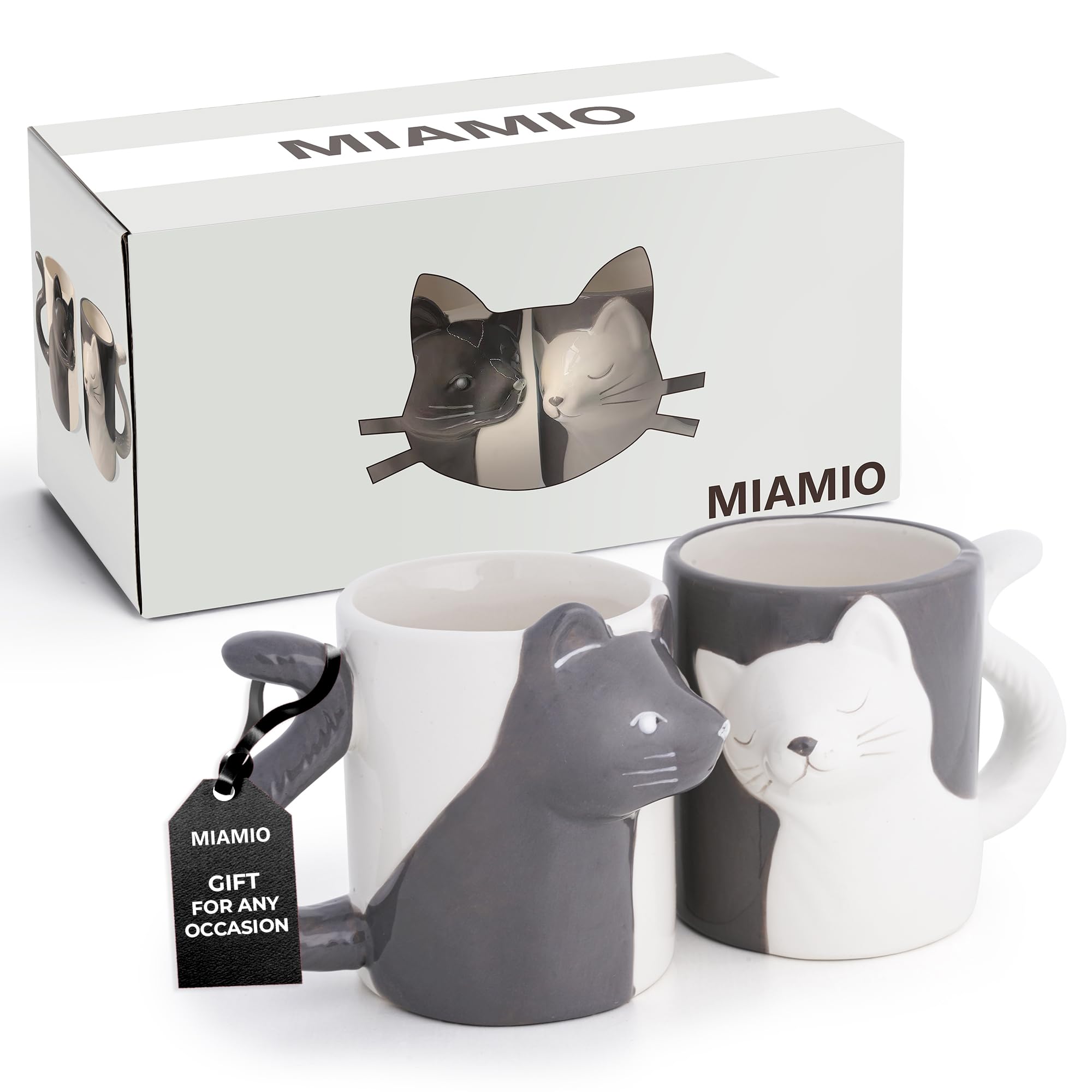 MIAMIO - Kissing Cat Mugs Set/Coffee Cups, Cat Lover Couple Gifts for Men/Women (350 ml)
