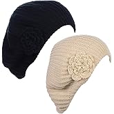 BYOS Ladies Winter Solid Chic Slouchy Ribbed Crochet Knit Beret Beanie Hat W/WO Flower Adornment