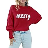 Arssm Womens Merry Christmas Sweaters Long Batwing Sleeve Xmas Knitted Top Funny Holiday Graphic Pullover Sweater