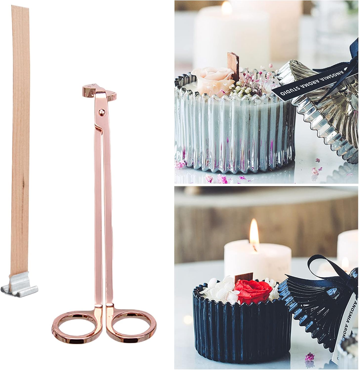 50 Pcs Wooden Wicks for Candle Making Rose Gold Candle Wick Trimmer and Iron Stands, Natural Wood Wicks for Candlemaking, Soy Wax Flakes for Candle Wax Making, Candle Making Supplies