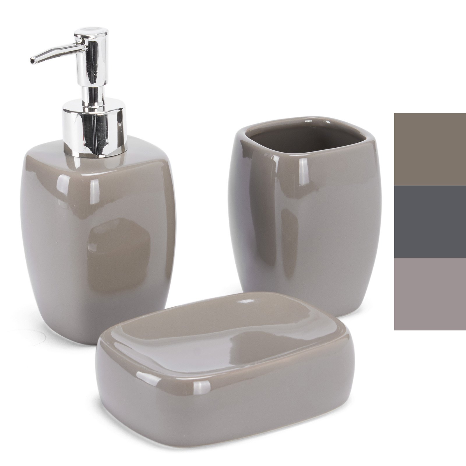 MSV Bathroom Accessories Ceramic Soap Dispenser, Soap Dish, Toothbrush Tumbler Taupe Set of 3