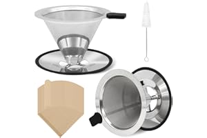 Scettar 2 Pcs Pour Over Coffee Dripper, Stainless Steel Coffee Filter Reusable, Double Layer Filter, Pour Over Coffee Maker 1-2 Cups, Cone Coffee Filters with Filter Paper and Cleaning Brush, Medium