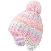 Girls Winter Knit Beanie with Pom & Ear Flaps - Warm Fleece Lined Hat (Ages 3-12), Colorful Cable Knit, Cuffed Edge