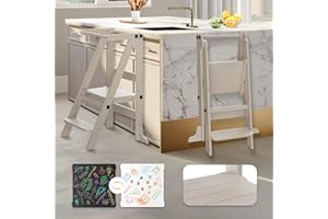 SAUCE ZHAN Toddler Tower Foldable, Kitchen Step Stool Helper with Safety Railing & 3 Adjustable Heights, Standing Tower with Double-Sided Drawing Board, Montessori Kitchen Tower for Toddlers/Kids Learning (Grey)