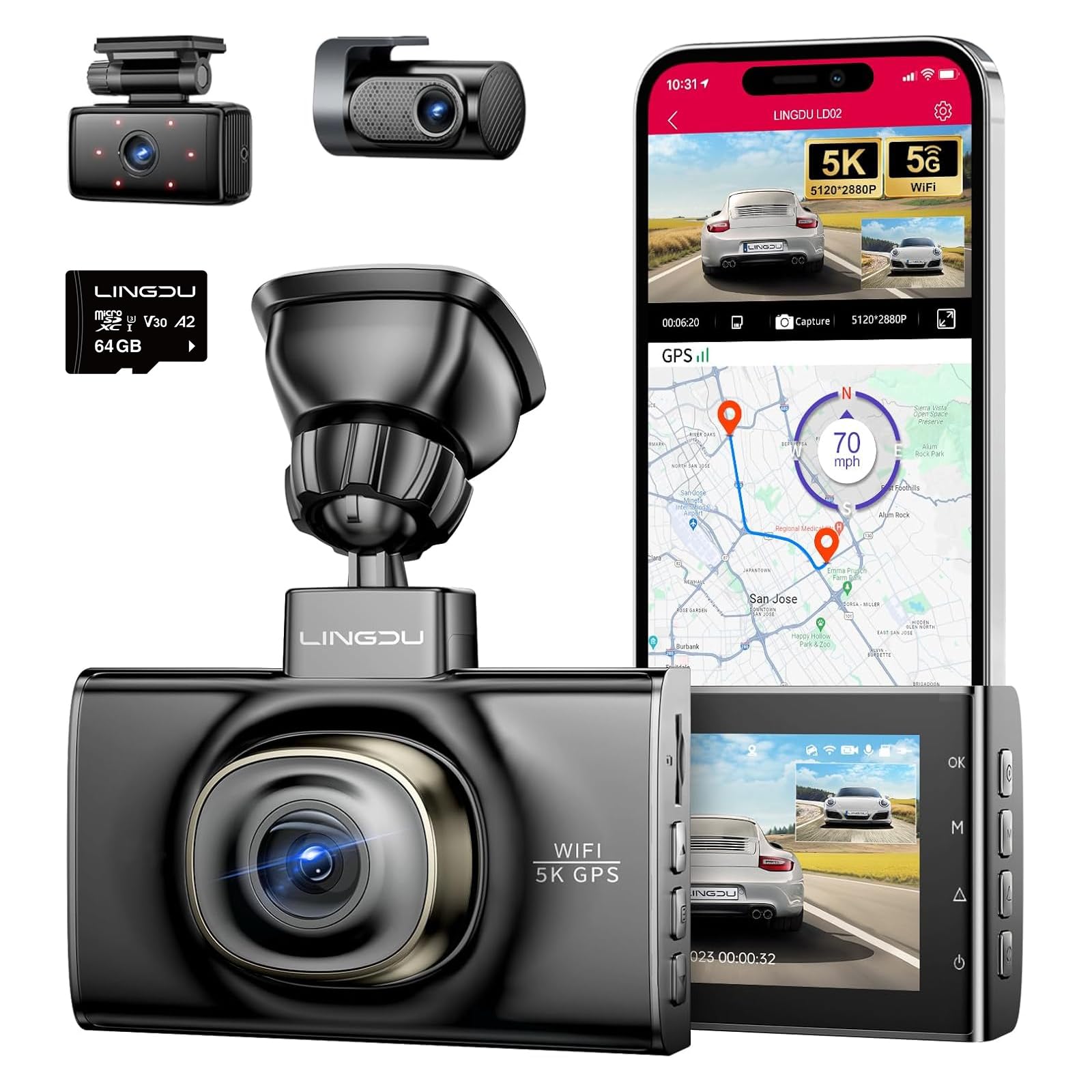 Photo 1 of LD02 5K 3 Channel Dash Cam 5G WiFi with Free 64GB Card, 4K+1080P+1080P Front Inside and Rear Triple Car Camera, IR Night Vision Voice Control, Build-in GPS 24H Parking Mode, Easy to Install