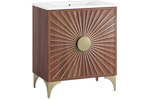 Modway Daylight Bathroom Vanity Cabinet with Ceramic Sink Basin, 30 Inch, White Walnut