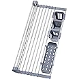 Expandable Roll Up Dish Drying Rack Up to 22.8''with 2 Storage Baskets,Over The Sink Kitchen Rolling up Dish Drainer Drying Rack in Sink, Foldable,Rollable,for Kitchen Dishes,Cups,Fruits,Forks