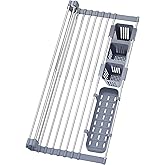 BBXTYLY Expandable Roll Up Dish Drying Rack Up to 22.8''with 2 Storage Baskets,Over The Sink Kitchen Rolling up Dish Drainer Drying Rack, Foldable,Rollable,for Kitchen Dishes(Expandable Width Size)