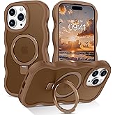 DUEDUE for iPhone 15 Pro Max case with Magnetic Stand, Curly Wavy Frame Hard Translucent Matte Cover Protective Slim Kickstand Phone Case for iPhone 15 Pro Max 6.7", Desert Gold