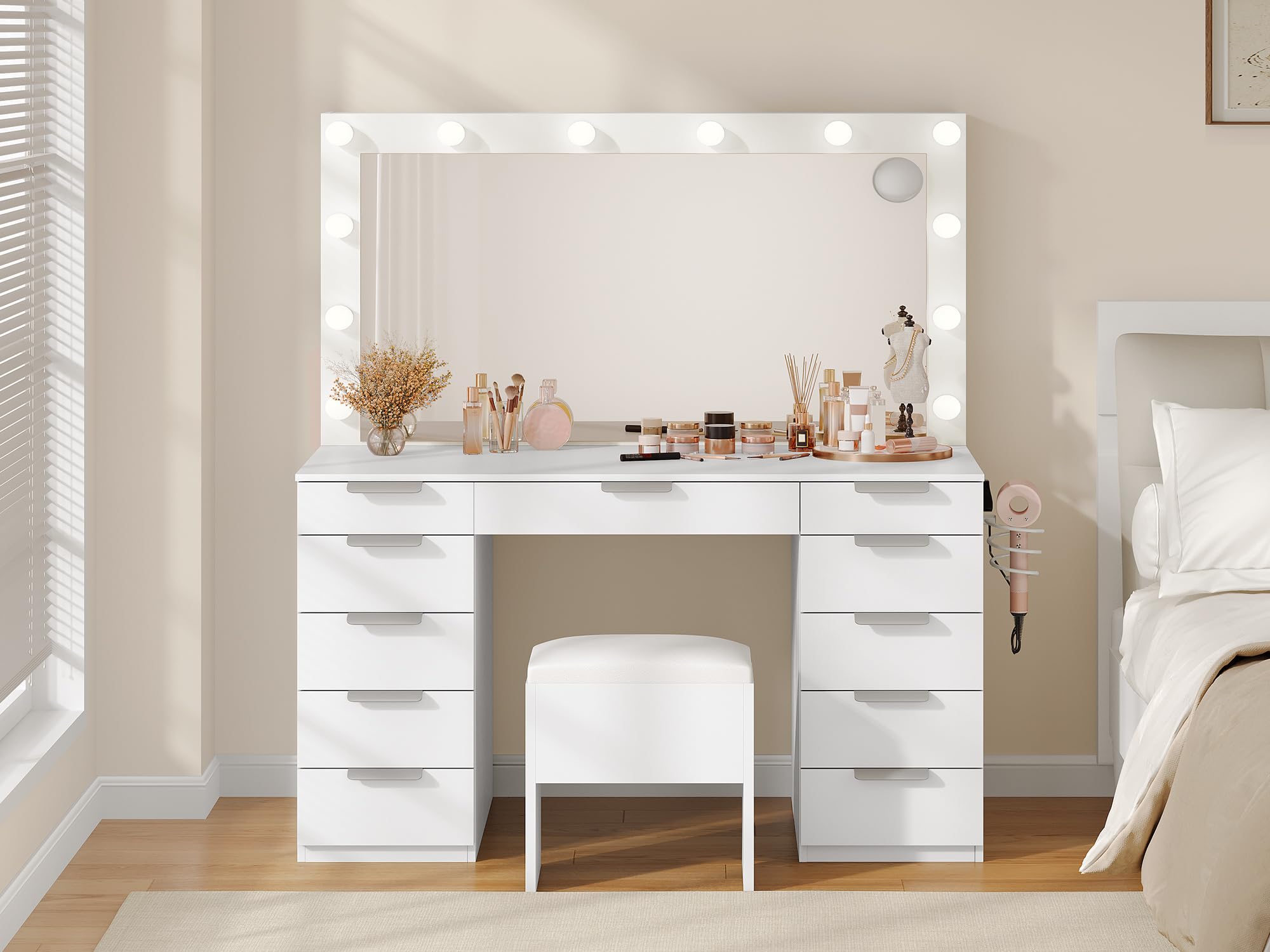 Photo 1 of ** NEW*** DWVO Makeup Vanity Desk, 46" Vanity Desk Set with Mirror and Lights, 11 Storage Drawer, Power Outlet, Chair, Makeup Table Set with Magnifying Glass