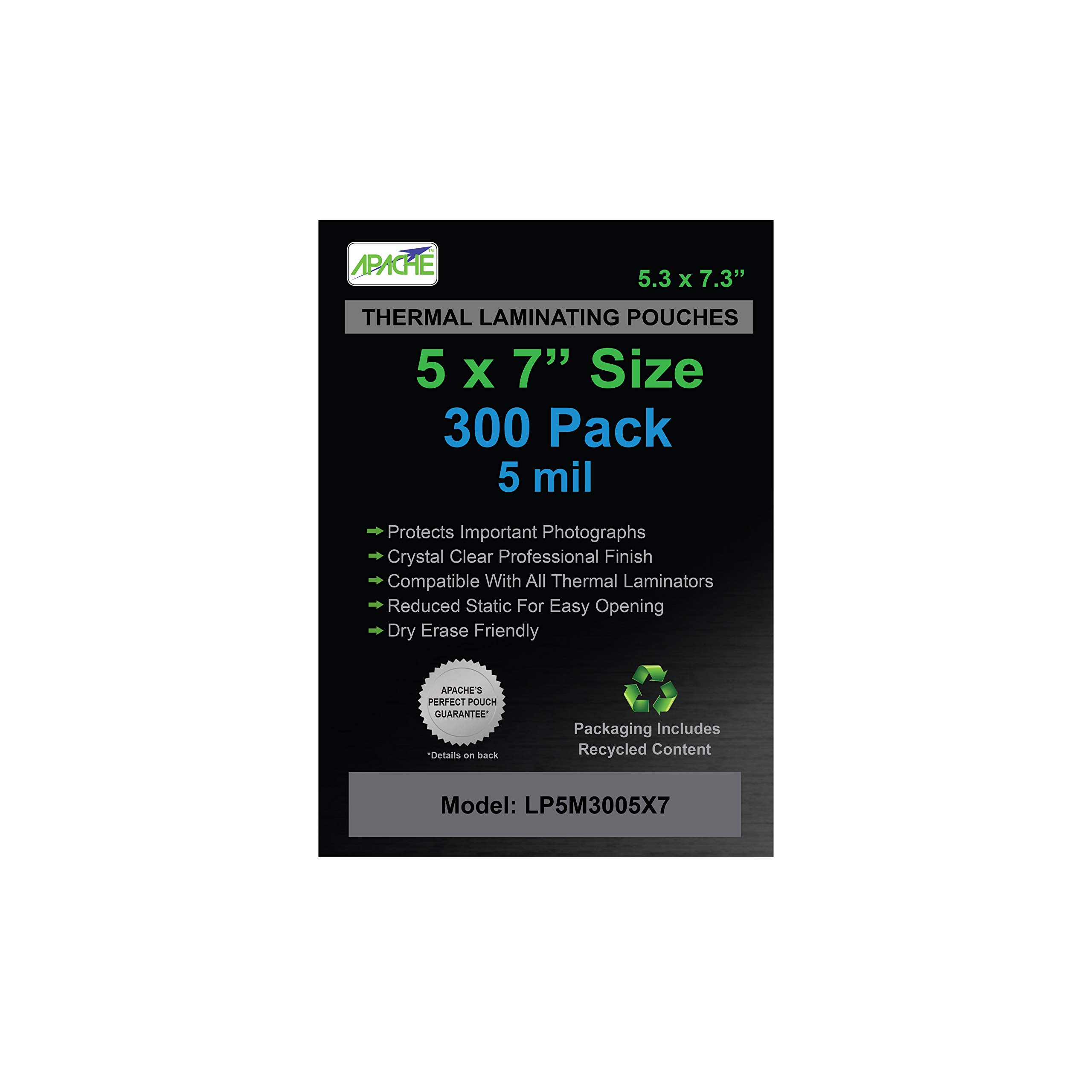Apache Laminating Pouches 5 mil for 5 x 7 inch Photo Size, 5.3 x 7.3 inch Sheets, 300 Pack