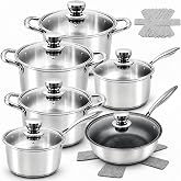 Lunalua Stainless Steel Cookware Set - 18-Piece Nonstick Cookware Set Includes 2 Milk Pots, 3 Stock Pots, 1 Frying Pans, 6 Trivets Mat and Lids, with Cool Grip Handles, Oven Dishwasher Safe
