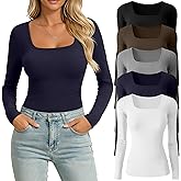Huukeay 5 Pack Long Sleeve Shirts for Women Square Neck Tops Slim Multipack Casual Basic Tee Layer Undershirts