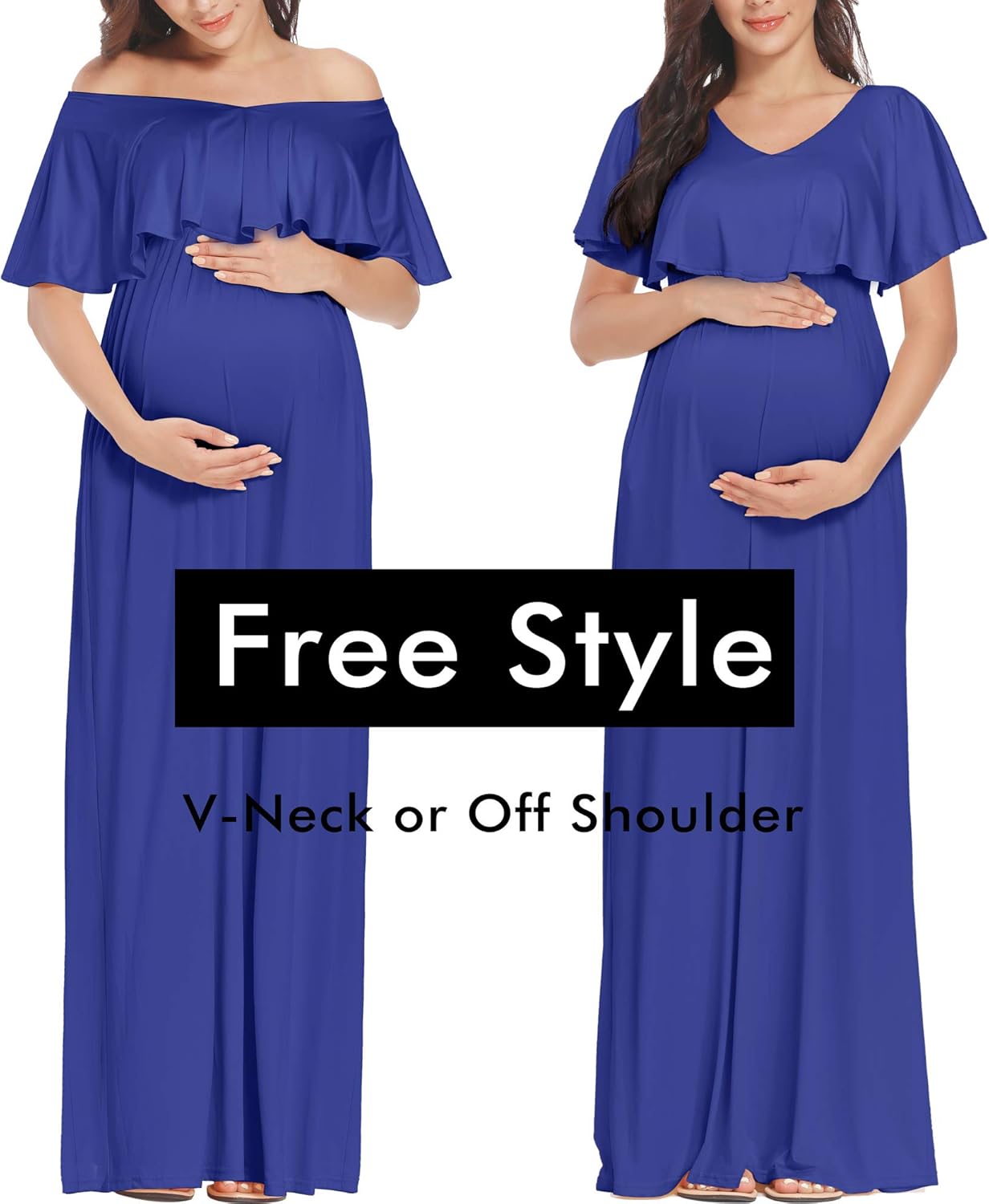 2 Style V-Neck or Off Shoulder Ruffle Maternity Maxi Dress with Pockects for Photoshoot or Baby Shower at  Women’s Clothing store