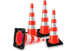 STRLON Traffic Cones 36 inch PVC Orange 4 Pack Heavy Duty Black Base Construction with Reflective Collars Fit Parking Lot,Driveway Road Traffic Control Safety Cones