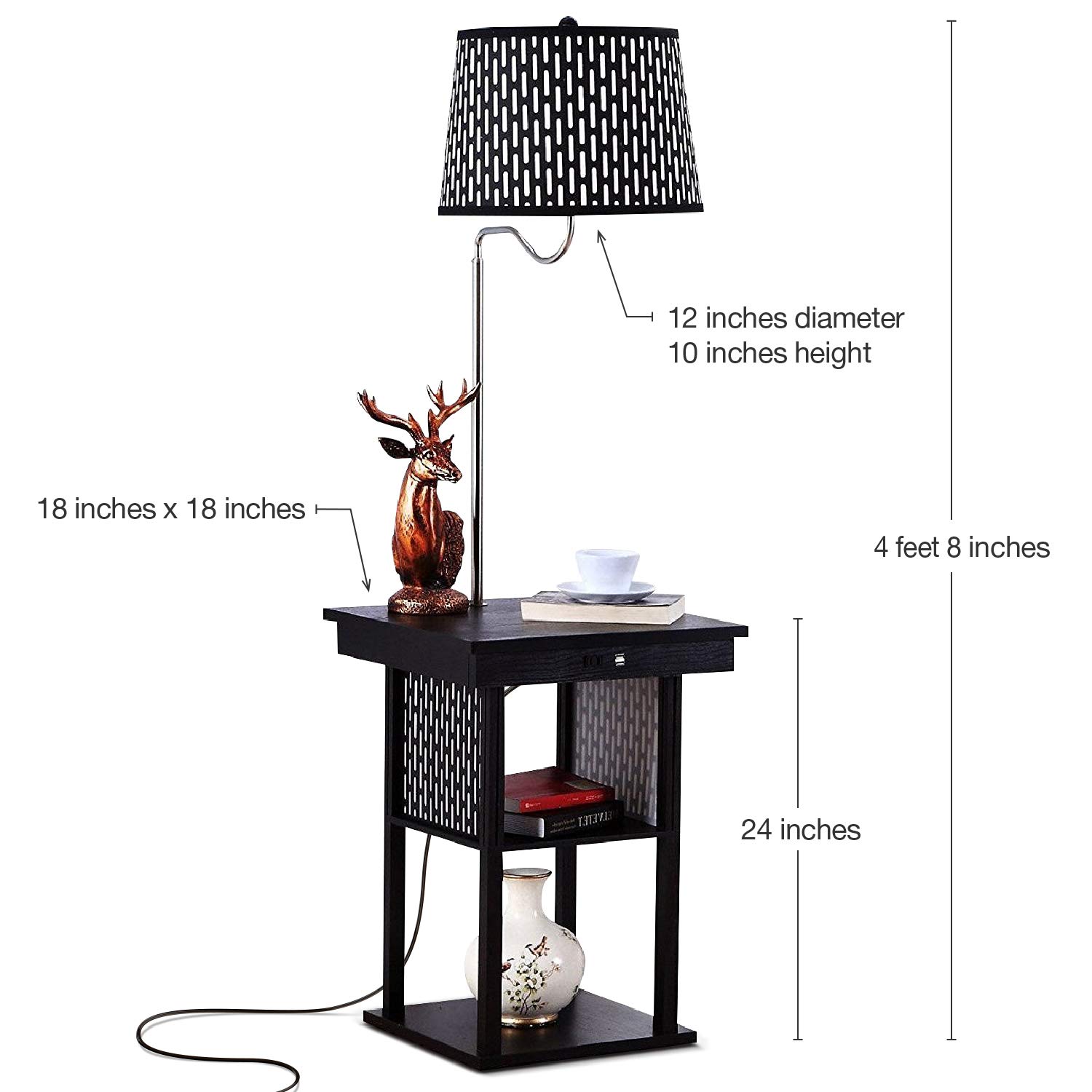 Madison - Narrow Nightstand with Built in Lamp, USB Port & Shelves for Bedrooms - Mid Century Modern End Table & Attached Floor Lamp for Living Rooms - Side Table & Reading Light - Black