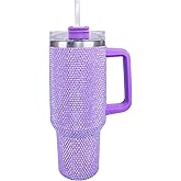Cupcupmore 40 oz Purple Bling Rhinestone Stainless Steel Sippy Tumbler Glitter Vacuum Insulated Water Bottle with Straw & Lid &Handle,Sparkle Car Cup Holder,Keeps Cold 12 Hours Drinks,Coffee