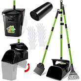 LANNEY Pooper Scooper - 38" Long Adjustable Metal Handle Dog Pooper Scooper Swivel Bin & Rake & Spade with 50 Bags Attachment
