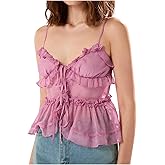 GORGLITTER Women's Babydoll Peplum Cami Tops Mesh Tie Front Ruffle Trim Spaghetti Strap Camisole Top