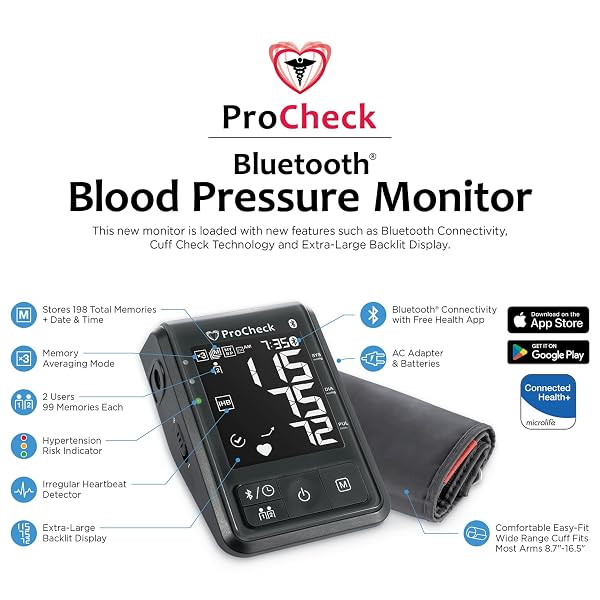 PROCHECK BLUETOOTH UPPER ARM BLOOD PRESSURE MONITOR FOR 2 USERS, WIDE RANGE CUFF FITS MOST, (STORES 198 TOTAL RESULTS), CONNECTS TO HEALTH APP FOR IOS AND ANDROID