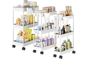 ARATAN Slim Storage Cart, 3 Pack Narrow Bathroom Cart for Small Space Storage with Plastic Basket Small Rolling Cart with Movable Partition for Bathroom, Laundry Room, Kitchen Narrow Bathroom Storage, White