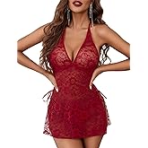 Avidlove Sexy Lingerie for Women Deep V-Neck Lace Babydoll Chemise Sleepwear Side Slit Boudoir Outfits