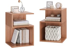 ODIKA Tokyo S Minimalist 3 Tier End Table - Minimalist 3-Tier Wood Nightstand for Small Spaces with Open Storage - Japanese-Inspired Bedside Table for Bedroom (Walnut Combo,Set of 2)