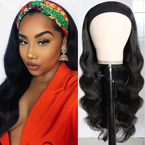 Julia Headband Human Hair Wigs Body Wave for Women Glueless Wavy Wigs with Free Headbands,10A Brazilian Virgin Hair Non Lace Front Wig 150% Density 14inch Natural Black Color