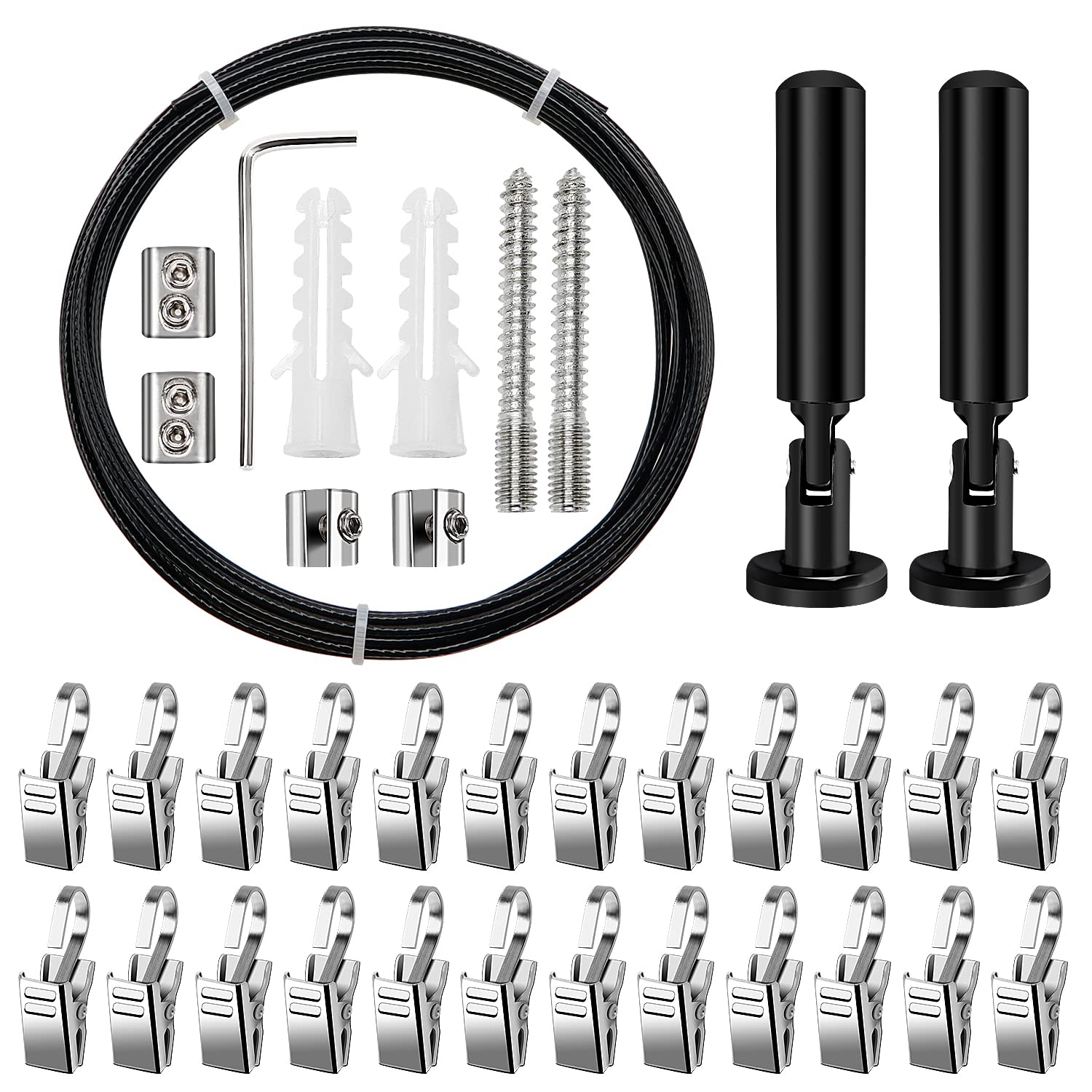 YIXISI 5m Wall Mount Curtain Wire Rod Set, Hanging Wire Curtain Drape Wire Rod, with 24 PCS Rustproof Stainless Steel Hanging Clamp, for Light/Lamp Photos Art Projects Clothesline (Black)