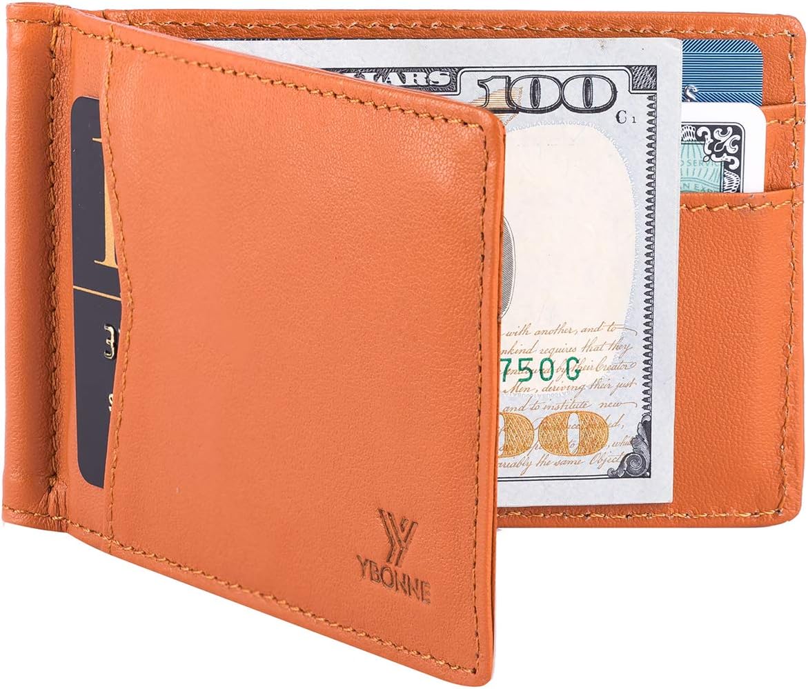 Mens Slim Wallet with Money Clip Front Pocket RFID Blocking Thin Bifold Leather Card Holder Minimalist Mini Billfold