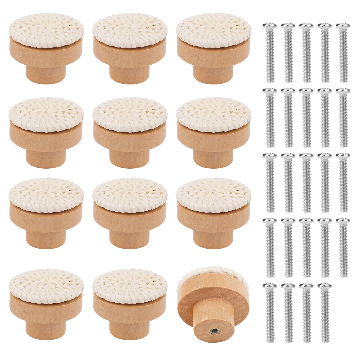 NQEUEPN 12pcs Wood Drawer Knobs with 24 Screws, Wooden Knobs Round Boho Rattan Drawer Pulls with Screws for Cabinets Dresser Handles Boho Wood Furniture (White)
