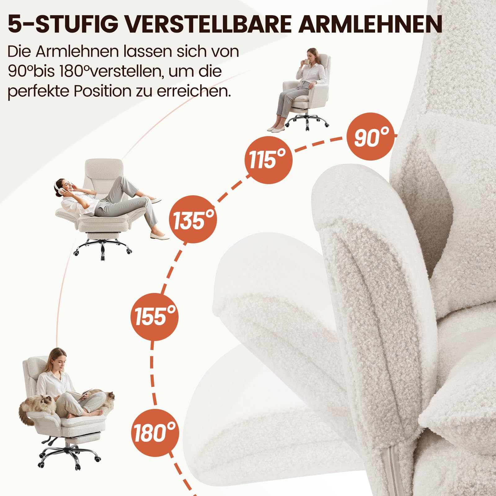 Ckaff Bürostuhl Chefsessel Ergonomisch, Gaming Stuhl mit 5-Stufig Verstellbare Armlehnen & Fußstütze, Schreibtischstuhl mit Verstellbarer Rückenlehne & Lendenwirbelstütze aus Teddy Stoff, Weiß 4