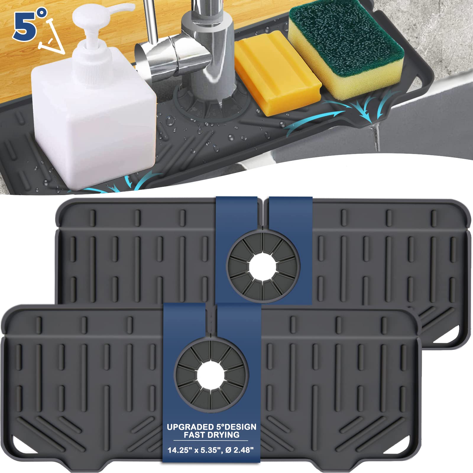 Photo 1 of 2 Pcs Silicone Faucet Handle Drip Catcher Tray Mat, 2 in 1 Dish Soap Sponge Holder for Kitchen Sink & Sink Splash Guard, Silicone Faucet Mat Drying Mat for Kitchen Sink Accessories, Counter, Bathroom