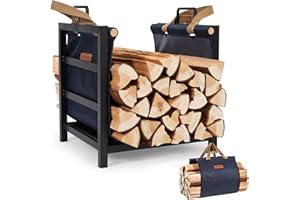 Zettfuly Firewood Rack Indoor Outdoor with Firewood Carrier, Fireplace Wood Log Holder Heavy Duty Metal, Indooor Firewood Holder for Fireplace Wood Storage, 16 inch, Navy