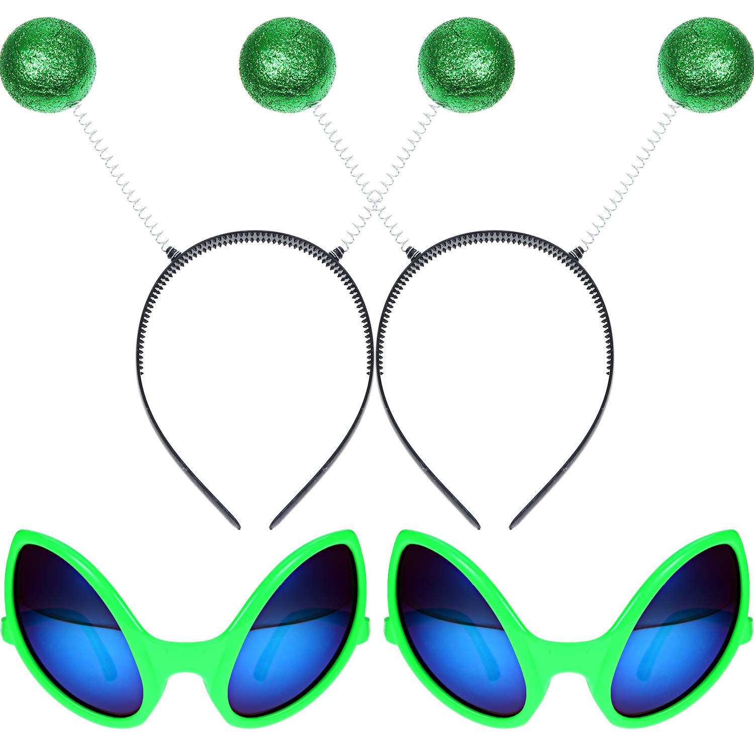Photo 1 of 2 Pairs Alien Headband and Glasses Set Funny Alien Costume Party Favors Green Alien Sunglasses and 2 Pieces Martian Antenna Headband Boppers for Adults and Kids Halloween Party Favors
