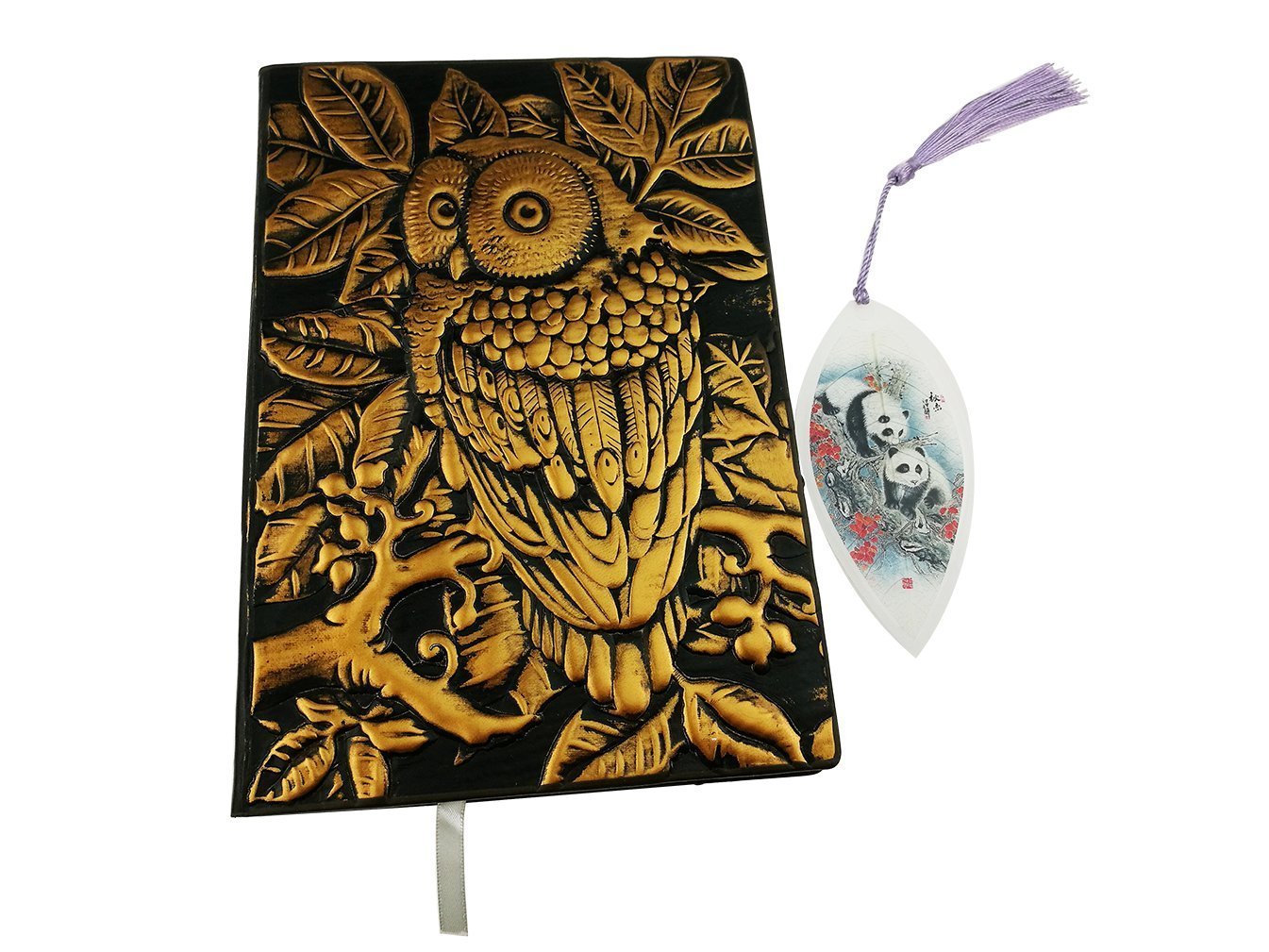 3D Cover Owl Embossed Leather Notebook Lay-Flat Binding Ruled Pages Hardcover Journal a5 Handmade Planner Lined Pages Writing Notebook with Panda Bear Bookmark (Cyan Copper)