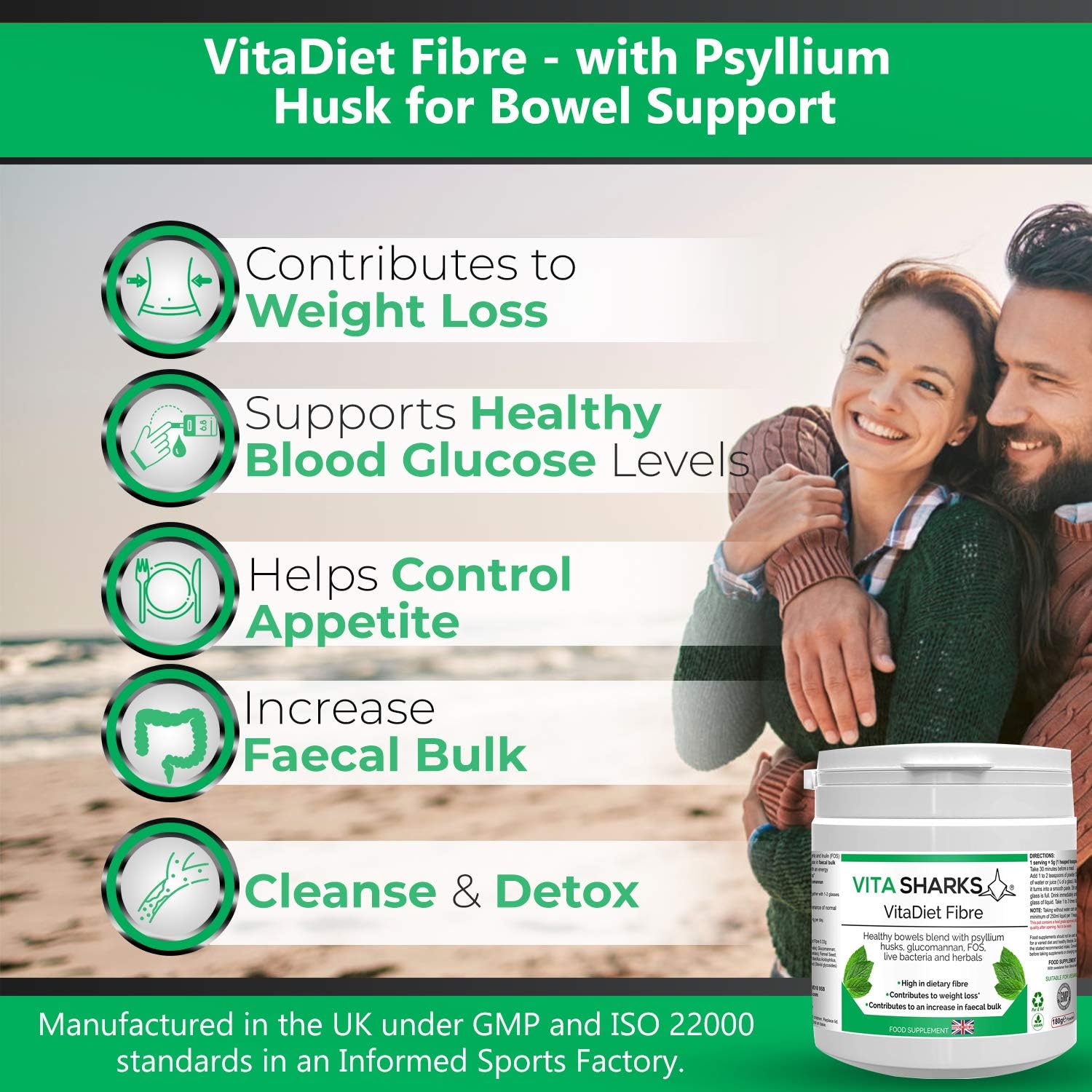 VitaDiet Fibre 180g Powder with Psyllium Husk for Gentle Vegan Cholesterol Management Bowel Cleanse - Image 3