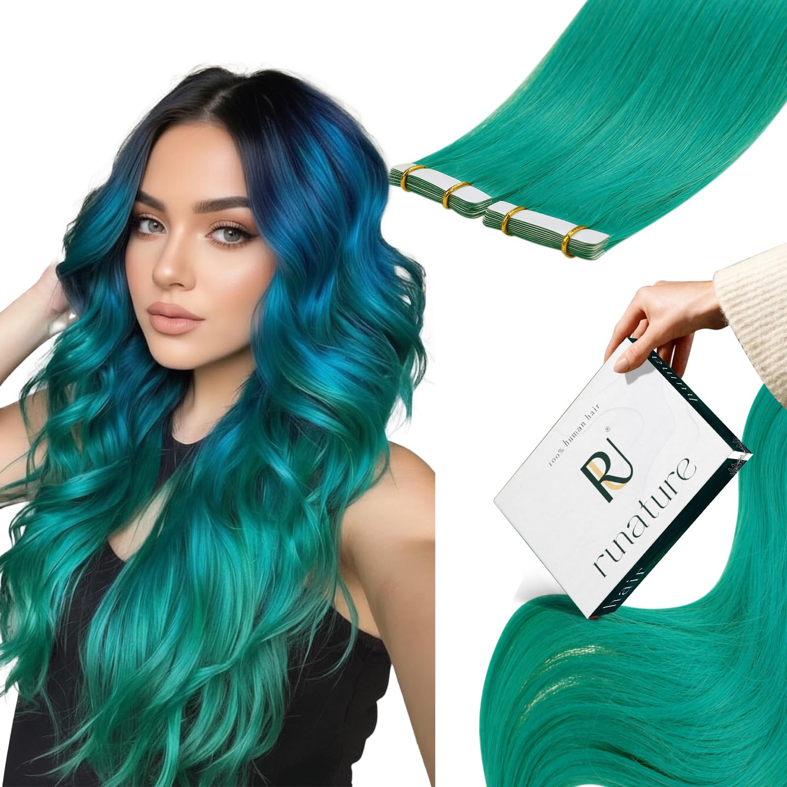RUNATURE 20 Inch Tape in Hair Extensions Human Hair Blue Green Tape Hair Extensions Real Human Hair Colorful Invisible Tapes Teal Hair 25 Gram — image 1