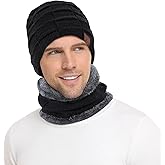 Mens Winter Beanie Hats Scarf Set Warm Knit Skull Cap Neck Warmer with Fleece Lined Winter Hat for Women