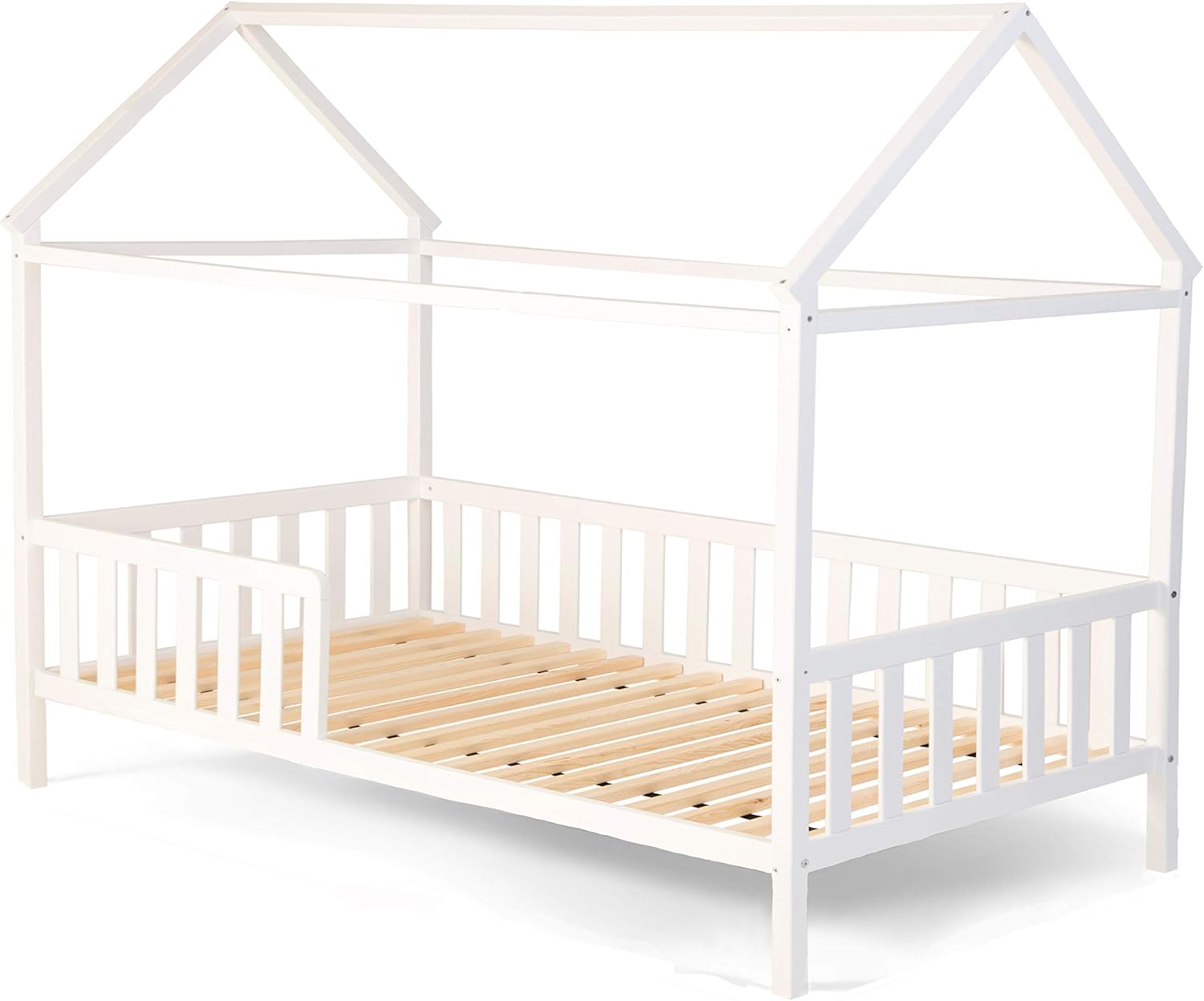 Alcube Hausbett 160x80 cm - stabiles Kinderbett mit wechselbarem Rausfallschutz und Lattenrost - weiß lackiert - aus Kiefernholz für Jungen und Mädchen - Geeignet für Vorhänge und Himmeldekoration